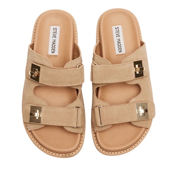 Shoes - Steve Madden Bigschmona Taupe Suede Platform Slide Sandals Gold Hardware 8.5